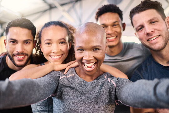 Fitness club selfie, group and portrait for gym diversity, happy and smile together for teamwork. Healthy people, workout team and multicultural photo for health, wellness and exercise with happiness