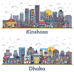 Outline Dhaka Bangladesh and Kinshasa Congo City Skyline Set.