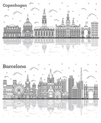 Fototapeta na wymiar Outline Barcelona Spain and Copenhagen Denmark City Skyline Set.