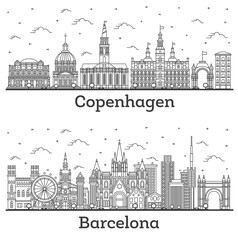 Outline Barcelona Spain and Copenhagen Denmark City Skyline Set.