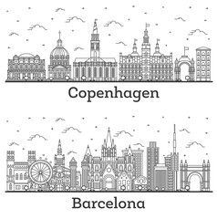 Obraz premium Outline Barcelona Spain and Copenhagen Denmark City Skyline Set.