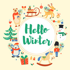 Fototapeta na wymiar New year banner with winter characters, elements and lettering. illustration.