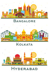 Kolkata, Hyderabad and Bangalore India City Skyline Set.