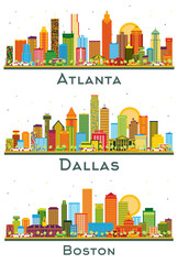 Dallas Texas, Boston Massachusetts and Atlanta Georgia USA City Skyline Set.