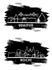 Kochi and Udaipur India City Skyline Silhouette Set.