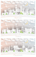 Turin, Palermo and Naples Italy City Skyline Set in Paper Cut Style.