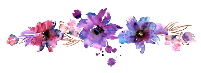 Fototapeta na wymiar Purple watercolor hand painted floral composition