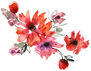 Red watercolor flowers.  Hand painted bouquet
