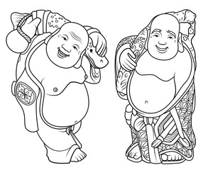 Netsuke. Buddha smiles. Figurines in kimonos. Character with items in his hands.