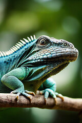 Fototapeta premium Portrait of green iguana on a branch, Indonesia