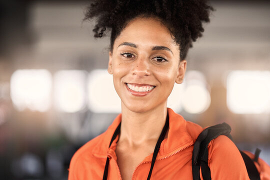 Happy Black Woman, Gym Portrait And Backpack For Training, Exercise Lifestyle Or Body Wellness. Headshot, Fitness And Happiness On Face, Health Or Workout For African Girl, Woman Or Model With Bag