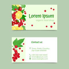 Vector template of two sides business card with redcurrant, lemon and strawberry for shop or market of organic vegetables and fruits