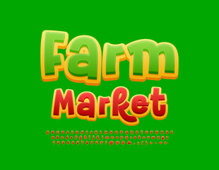 Vector colorful Signboard Farm Market. Red and Yellow Playful Font. Artistic 3D Alphabet Letters and Numbers set.