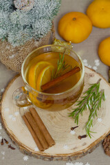 Christmas cozy still life photo, hot citrus tea