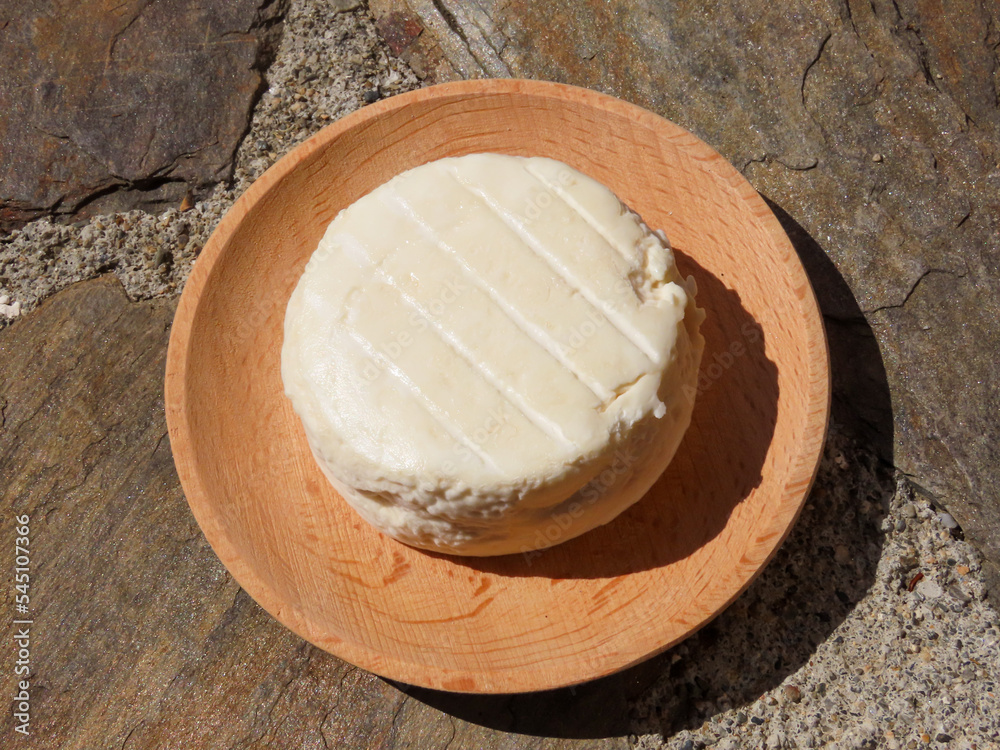 Wall mural Fromage de chèvre cévenol sur une assiette en bois