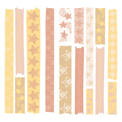Large set of scotch tape strips with various hand-drawn designs. Pastel stars with different patterns. Scotch tape stickers. Vector horizontal illustration.