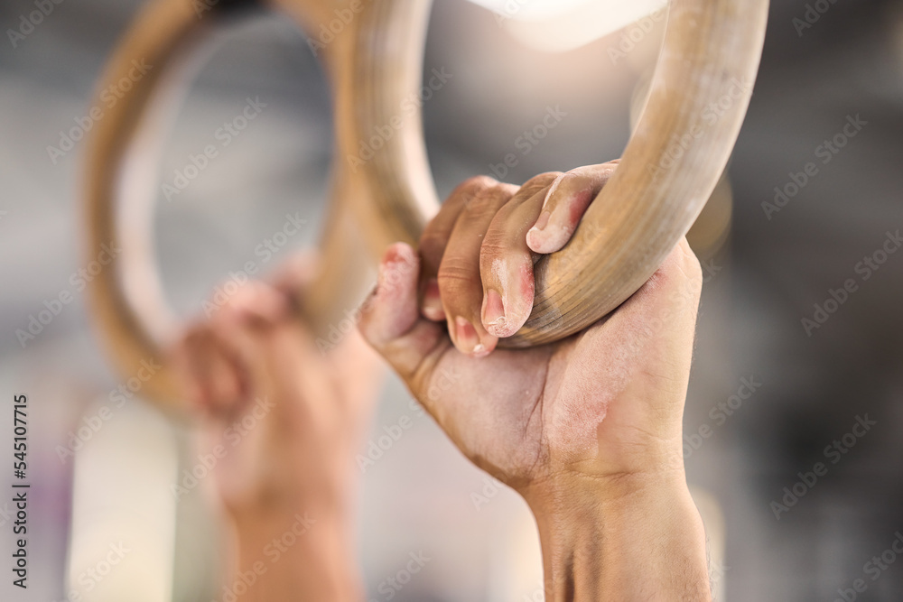 Wall mural gym, hands and rings workout by man for fitness, muscle and training closeup with mockup. hand, exer