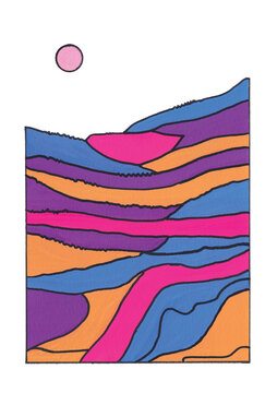 A minimal landscape painting of geological rock strata cross section with sun moon orb in bright colorful pastel shades of yellow, blue, purple, pink