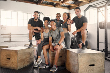 Friends, fitness and exercise with portrait, gym and diversity people smile for health, wellness and commitment. Group, men and women rest after cardio, training and workout for strong body together