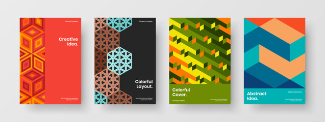 Bright pamphlet A4 vector design template set. Fresh mosaic hexagons company brochure illustration composition.