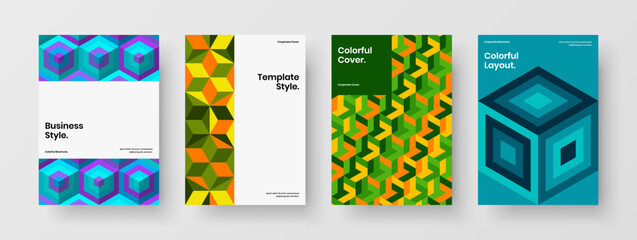 Trendy geometric hexagons pamphlet template bundle. Bright journal cover design vector layout composition.