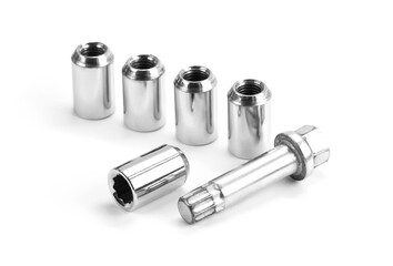car lock nuts, wheel nut that protect the wheels from theft. closeup of the isolate on a white...
