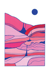 A volcanic minimal landscape painting of geological rock strata cross section with sun moon orb in red pink and blue