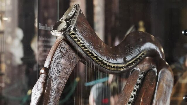 Famous Medieval 14th Century Irish Trinity harp in the Library of Trinity College