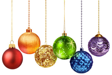 Six rainbow color decoration Christmas balls collection hanging isolated