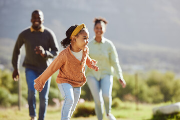 Black family, fun child and parents running, chasing and enjoy bonding quality time with youth kid...