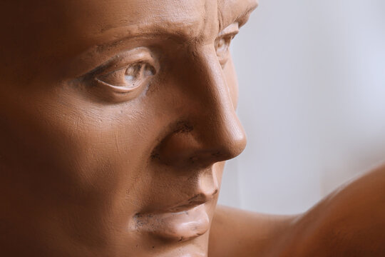 Ritratto di giovane uomo, primo piano di testa in terracotta di provenienza europea
