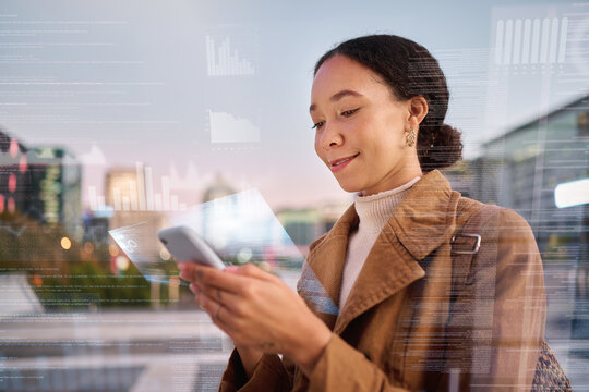 Futuristic, social media and woman with a phone in the city for ai data, digital tech and financial overlay in the morning. Business, finance and girl with a smile for ui mobile communication