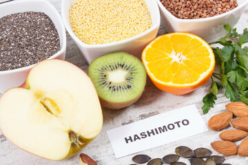 Inscription hashimoto with beneficial eating for thyroid gland. Healthy ingredients containing vitamins and minerals