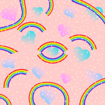 Rainbows And Hearts Pattern On A Pink Starry Background.