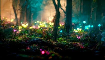 Obraz premium magical lights in the forest. Fairy-tale atmosphere,