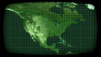 Obraz premium Intentional distortion: an old color CRT TV monitor, showing a static satellite view of North America (continent). Concepts: surveillance, global communications, old-timey spy story. 