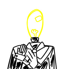 drawn man in a suit (businessman) with a light bulb instead of a head on a white background