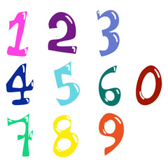 Multicoloured numbers hand-drawn in cartoon style on a white background 
