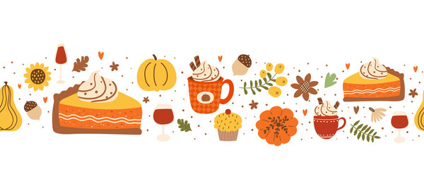 Fall pumpkin pie slice and pumpkin spice latte seamless horizontal border decorated fall leaves, flowers, acorns, berry. Autumn season repeat frame food. Cute Thanksgiving day illustration. - 545112551