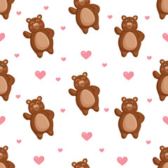 Seamless vector pattern with forest brown bears and hearts. Vector illustration for fabric, texture, wallpaper, poster, postcard. Editable elements. Cartoon design.