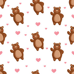 Naklejka premium Seamless vector pattern with forest brown bears and hearts. Vector illustration for fabric, texture, wallpaper, poster, postcard. Editable elements. Cartoon design.