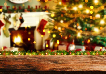 Empty wood table top on blurry bokeh Christmas tree and news year decoration. Concept Christmas time for web banner , display or montage your products.