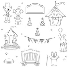 Fototapeta na wymiar Collection of elements outline circus. Tent, clown, doll, elephant, garland, carousel, hare