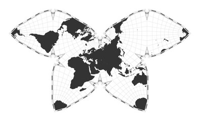 Vector world map. Steve Waterman's butterfly projection. Plan world geographical map with latitude/longitude lines. Centered to 60deg W longitude. Vector illustration.