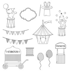 Collection of outline  circus. Tent, hare in a hat, fur seal, garland, ball, bear, ticket office