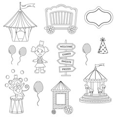 Collection of outline circus. Tent, monkey, doll, carousel, cap, ball, pointer