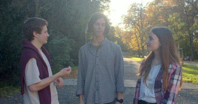 Portrait of communicating young people. Two boys talking to girl in park. Effective communication in love triangle, relationship in which three people. Romance of student life.