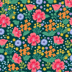 Fototapeta na wymiar Simple vintage pattern. Wonderful pink and orange flowers, green leaves. Green background. Fashionable print for textiles and wallpaper.