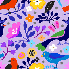 Seamless pattern with fabulous birds and small flowers, berries, leaves, bulbs, butterflies in blue and light lilac tones isolated on white background in vector. Print for fabric in vintage style.