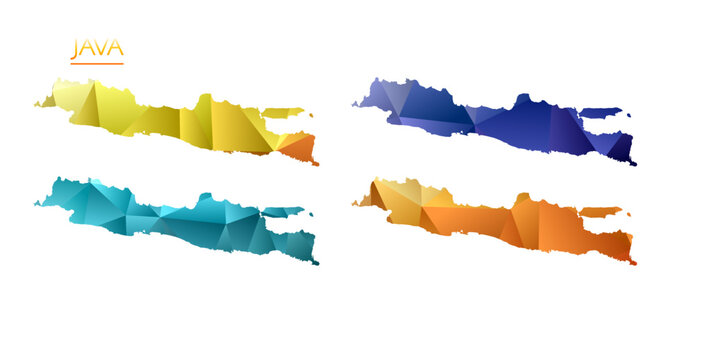Set of vector polygonal maps of Java. Bright gradient map of island in low poly style. Multicolored Java map in geometric style for your infographics. Vibrant vector illustration.